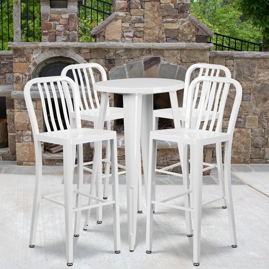 Commercial Grade 24" Round White Metal Indoor-Outdoor Bar Table Set with 4 Vertical Slat Back Stools