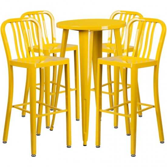 Commercial Grade 24" Round Yellow Metal Indoor-Outdoor Bar Table Set with 4 Vertical Slat Back Stools