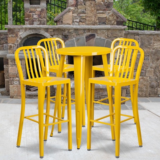 Commercial Grade 24" Round Yellow Metal Indoor-Outdoor Bar Table Set with 4 Vertical Slat Back Stools