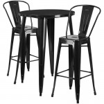 Commercial Grade 30" Round Black Metal Indoor-Outdoor Bar Table Set with 2 Cafe Stools