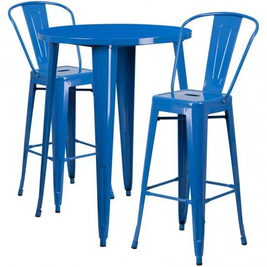 Commercial Grade 30" Round Blue Metal Indoor-Outdoor Bar Table Set with 2 Cafe Stools