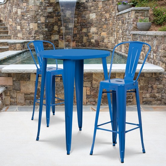 Commercial Grade 30" Round Blue Metal Indoor-Outdoor Bar Table Set with 2 Cafe Stools