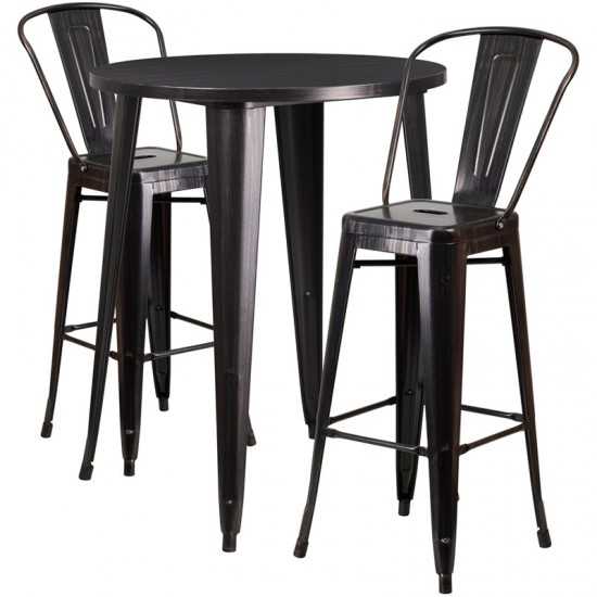 Commercial Grade 30" Round Black-Antique Gold Metal Indoor-Outdoor Bar Table Set with 2 Cafe Stools