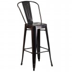 Commercial Grade 30" Round Black-Antique Gold Metal Indoor-Outdoor Bar Table Set with 2 Cafe Stools