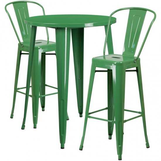 Commercial Grade 30" Round Green Metal Indoor-Outdoor Bar Table Set with 2 Cafe Stools