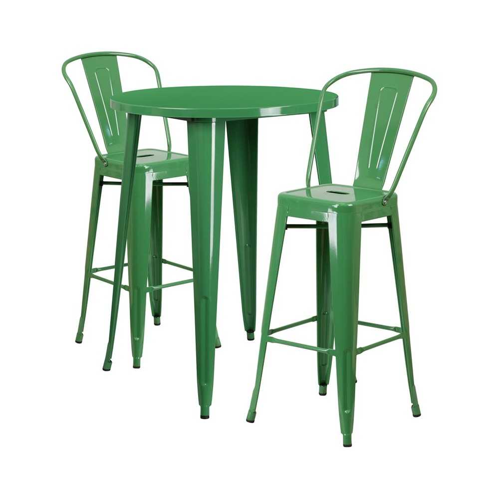 Commercial Grade 30" Round Green Metal Indoor-Outdoor Bar Table Set with 2 Cafe Stools