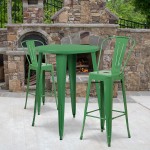 Commercial Grade 30" Round Green Metal Indoor-Outdoor Bar Table Set with 2 Cafe Stools