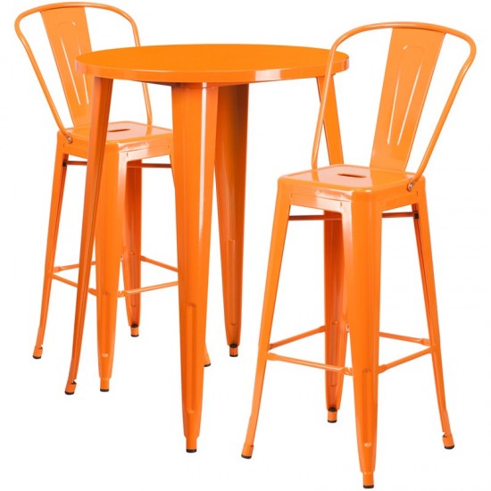 Commercial Grade 30" Round Orange Metal Indoor-Outdoor Bar Table Set with 2 Cafe Stools