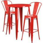 Commercial Grade 30" Round Red Metal Indoor-Outdoor Bar Table Set with 2 Cafe Stools