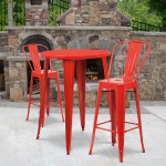 Commercial Grade 30" Round Red Metal Indoor-Outdoor Bar Table Set with 2 Cafe Stools