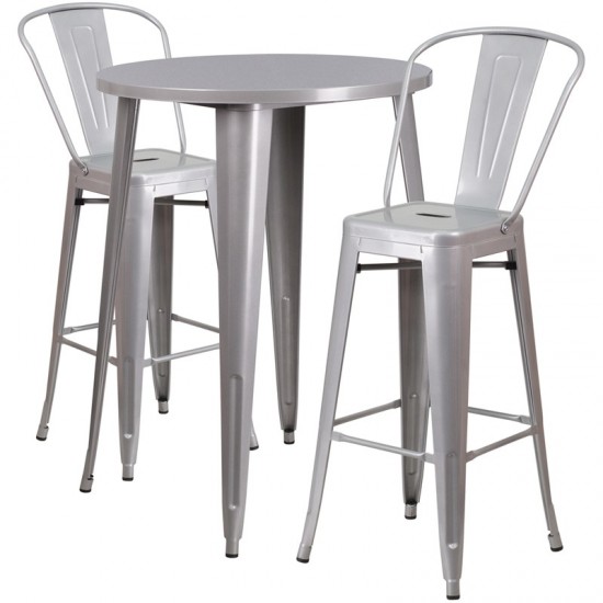 Commercial Grade 30" Round Silver Metal Indoor-Outdoor Bar Table Set with 2 Cafe Stools