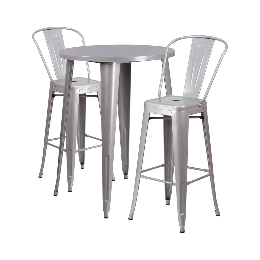 Commercial Grade 30" Round Silver Metal Indoor-Outdoor Bar Table Set with 2 Cafe Stools