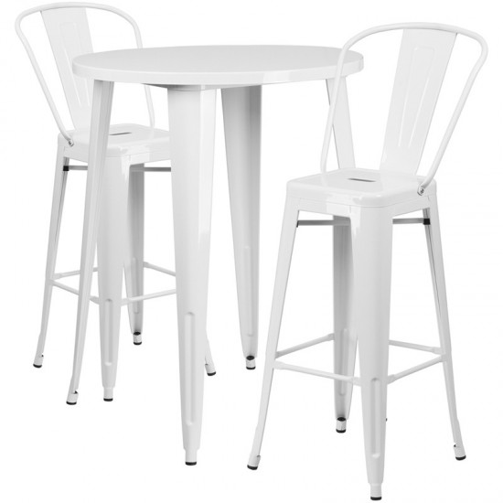 Commercial Grade 30" Round White Metal Indoor-Outdoor Bar Table Set with 2 Cafe Stools