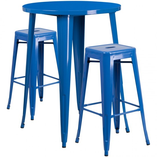 Commercial Grade 30" Round Blue Metal Indoor-Outdoor Bar Table Set with 2 Square Seat Backless Stools