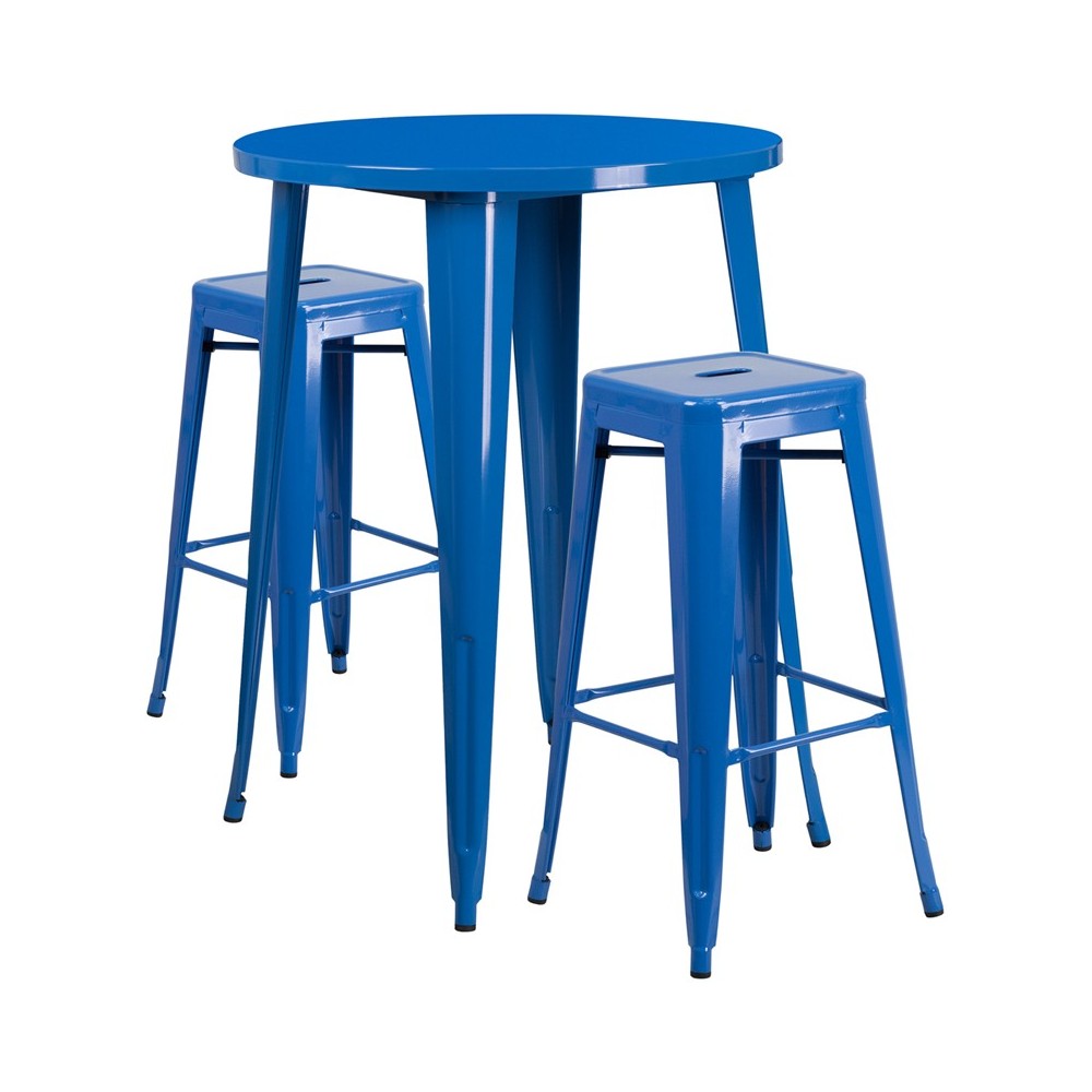 Commercial Grade 30" Round Blue Metal Indoor-Outdoor Bar Table Set with 2 Square Seat Backless Stools Commercial Grade 30" Round Blue Metal Indoor-Outdoor Bar Table Set with 2 Square Seat Backless Stools