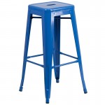 Commercial Grade 30" Round Blue Metal Indoor-Outdoor Bar Table Set with 2 Square Seat Backless Stools