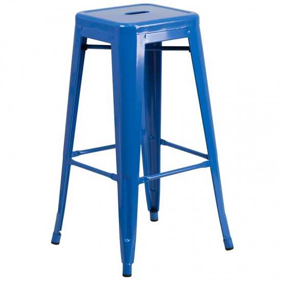 Commercial Grade 30" Round Blue Metal Indoor-Outdoor Bar Table Set with 2 Square Seat Backless Stools