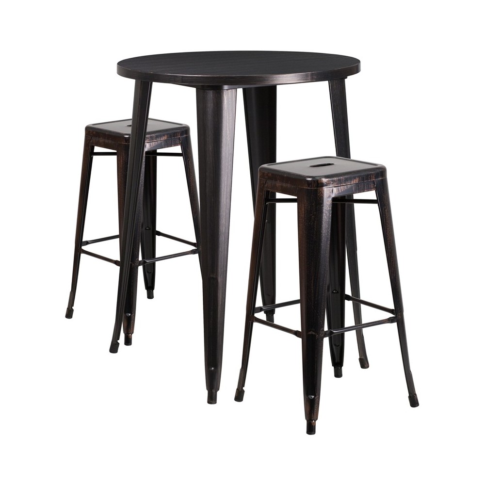 Commercial Grade 30" Round Black-Antique Gold Metal Indoor-Outdoor Bar Table Set with 2 Square Seat Backless Stools Commercial Grade 30" Round Black-Antique Gold Metal Indoor-Outdoor Bar Table Set with 2 Square Seat Backless Stools