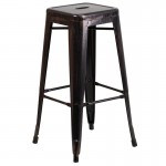 Commercial Grade 30" Round Black-Antique Gold Metal Indoor-Outdoor Bar Table Set with 2 Square Seat Backless Stools