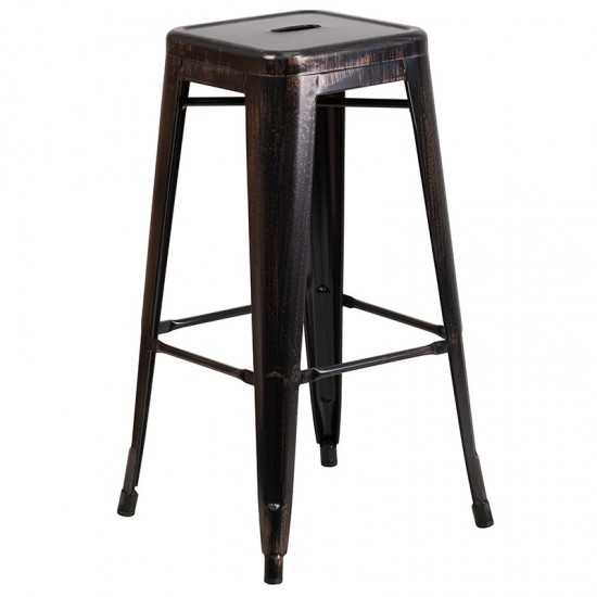 Commercial Grade 30" Round Black-Antique Gold Metal Indoor-Outdoor Bar Table Set with 2 Square Seat Backless Stools