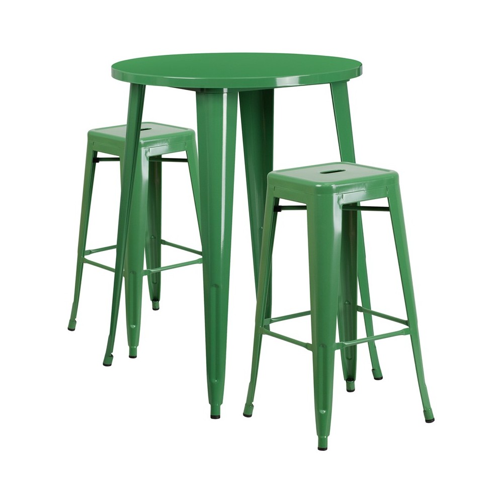 Commercial Grade 30" Round Green Metal Indoor-Outdoor Bar Table Set with 2 Square Seat Backless Stools Commercial Grade 30" Round Green Metal Indoor-Outdoor Bar Table Set with 2 Square Seat Backless Stools