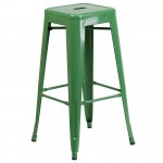 Commercial Grade 30" Round Green Metal Indoor-Outdoor Bar Table Set with 2 Square Seat Backless Stools