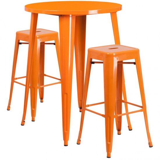 Commercial Grade 30" Round Orange Metal Indoor-Outdoor Bar Table Set with 2 Square Seat Backless Stools