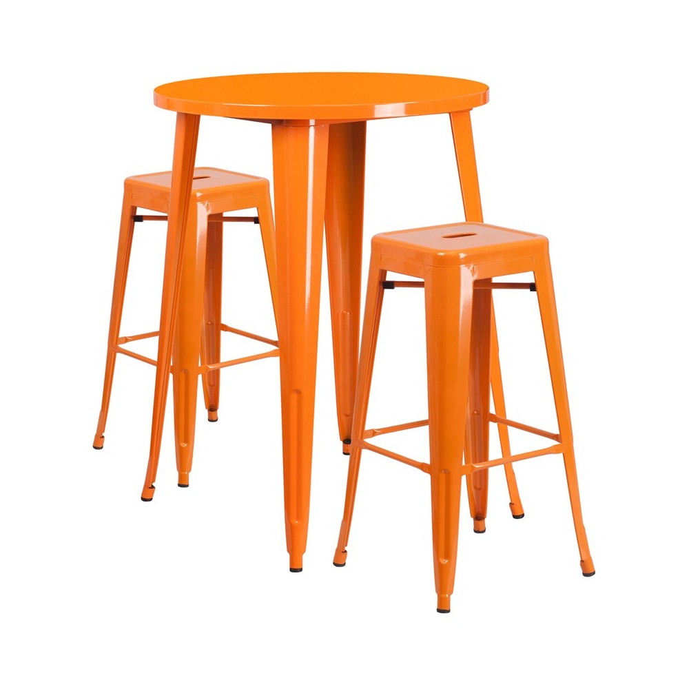 Commercial Grade 30" Round Orange Metal Indoor-Outdoor Bar Table Set with 2 Square Seat Backless Stools Commercial Grade 30" Round Orange Metal Indoor-Outdoor Bar Table Set with 2 Square Seat Backless Stools