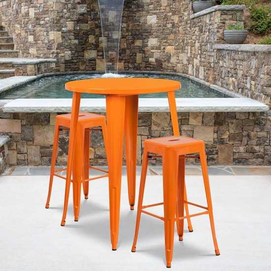 Commercial Grade 30" Round Orange Metal Indoor-Outdoor Bar Table Set with 2 Square Seat Backless Stools