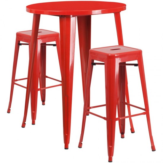 Commercial Grade 30" Round Red Metal Indoor-Outdoor Bar Table Set with 2 Square Seat Backless Stools