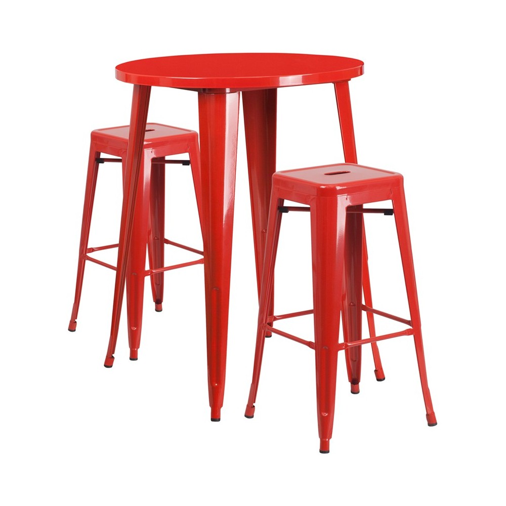 Commercial Grade 30" Round Red Metal Indoor-Outdoor Bar Table Set with 2 Square Seat Backless Stools