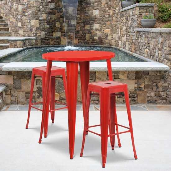 Commercial Grade 30" Round Red Metal Indoor-Outdoor Bar Table Set with 2 Square Seat Backless Stools
