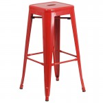 Commercial Grade 30" Round Red Metal Indoor-Outdoor Bar Table Set with 2 Square Seat Backless Stools