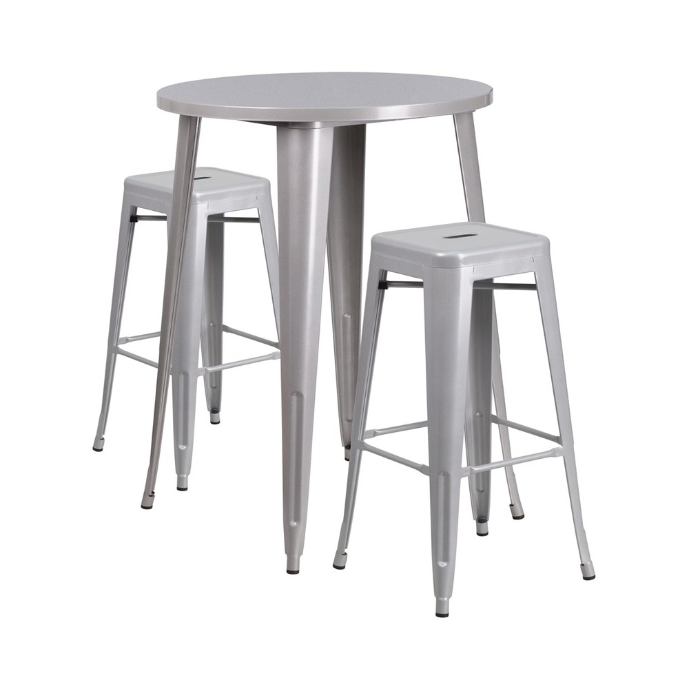 Commercial Grade 30" Round Silver Metal Indoor-Outdoor Bar Table Set with 2 Square Seat Backless Stools Commercial Grade 30" Round Silver Metal Indoor-Outdoor Bar Table Set with 2 Square Seat Backless Stools