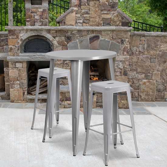 Commercial Grade 30" Round Silver Metal Indoor-Outdoor Bar Table Set with 2 Square Seat Backless Stools