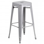 Commercial Grade 30" Round Silver Metal Indoor-Outdoor Bar Table Set with 2 Square Seat Backless Stools