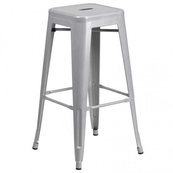 Commercial Grade 30" Round Silver Metal Indoor-Outdoor Bar Table Set with 2 Square Seat Backless Stools