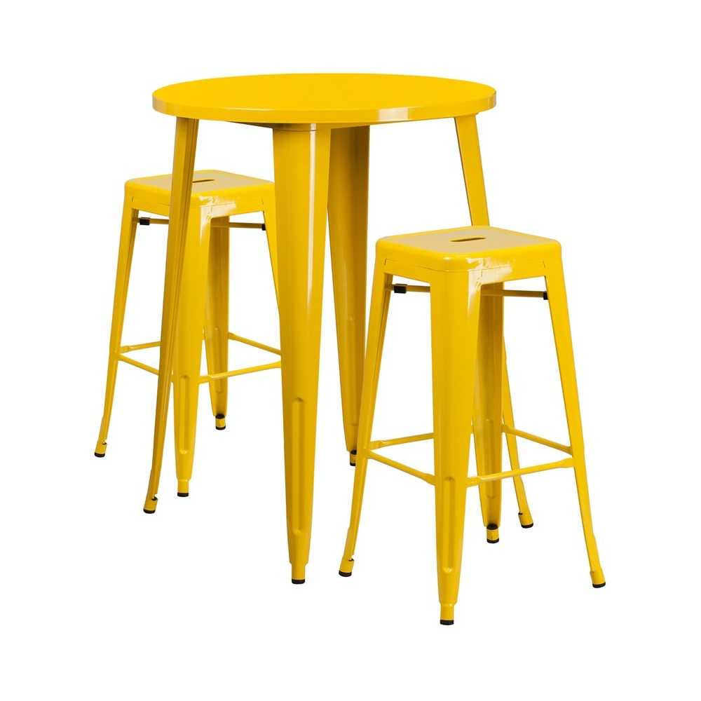 Commercial Grade 30" Round Yellow Metal Indoor-Outdoor Bar Table Set with 2 Square Seat Backless Stools Commercial Grade 30" Round Yellow Metal Indoor-Outdoor Bar Table Set with 2 Square Seat Backless Stools