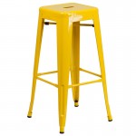 Commercial Grade 30" Round Yellow Metal Indoor-Outdoor Bar Table Set with 2 Square Seat Backless Stools