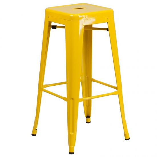 Commercial Grade 30" Round Yellow Metal Indoor-Outdoor Bar Table Set with 2 Square Seat Backless Stools