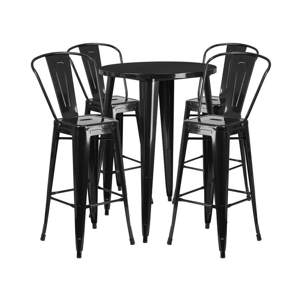 Commercial Grade 30" Round Black Metal Indoor-Outdoor Bar Table Set with 4 Cafe Stools