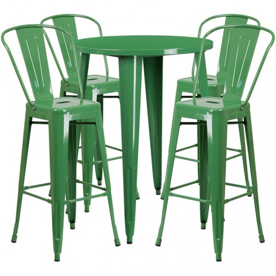 Commercial Grade 30" Round Green Metal Indoor-Outdoor Bar Table Set with 4 Cafe Stools