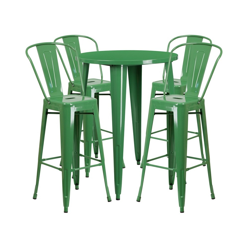 Commercial Grade 30" Round Green Metal Indoor-Outdoor Bar Table Set with 4 Cafe Stools