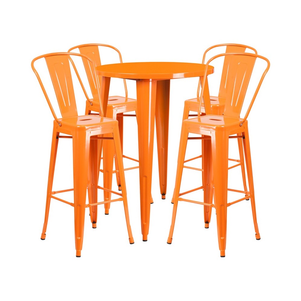 Commercial Grade 30" Round Orange Metal Indoor-Outdoor Bar Table Set with 4 Cafe Stools