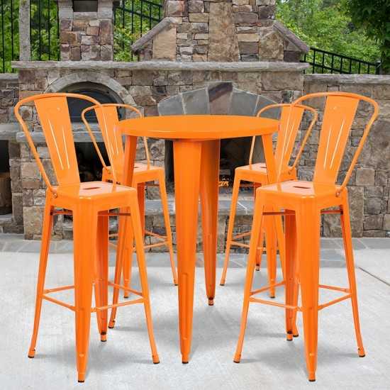 Commercial Grade 30" Round Orange Metal Indoor-Outdoor Bar Table Set with 4 Cafe Stools