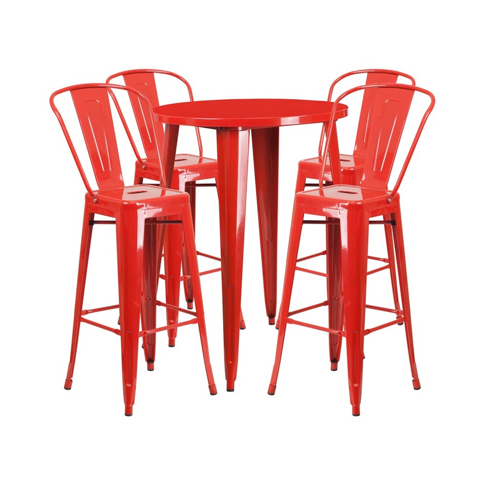 Commercial Grade 30" Round Red Metal Indoor-Outdoor Bar Table Set with 4 Cafe Stools