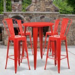 Commercial Grade 30" Round Red Metal Indoor-Outdoor Bar Table Set with 4 Cafe Stools
