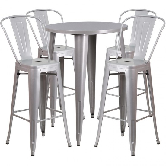 Commercial Grade 30" Round Silver Metal Indoor-Outdoor Bar Table Set with 4 Cafe Stools