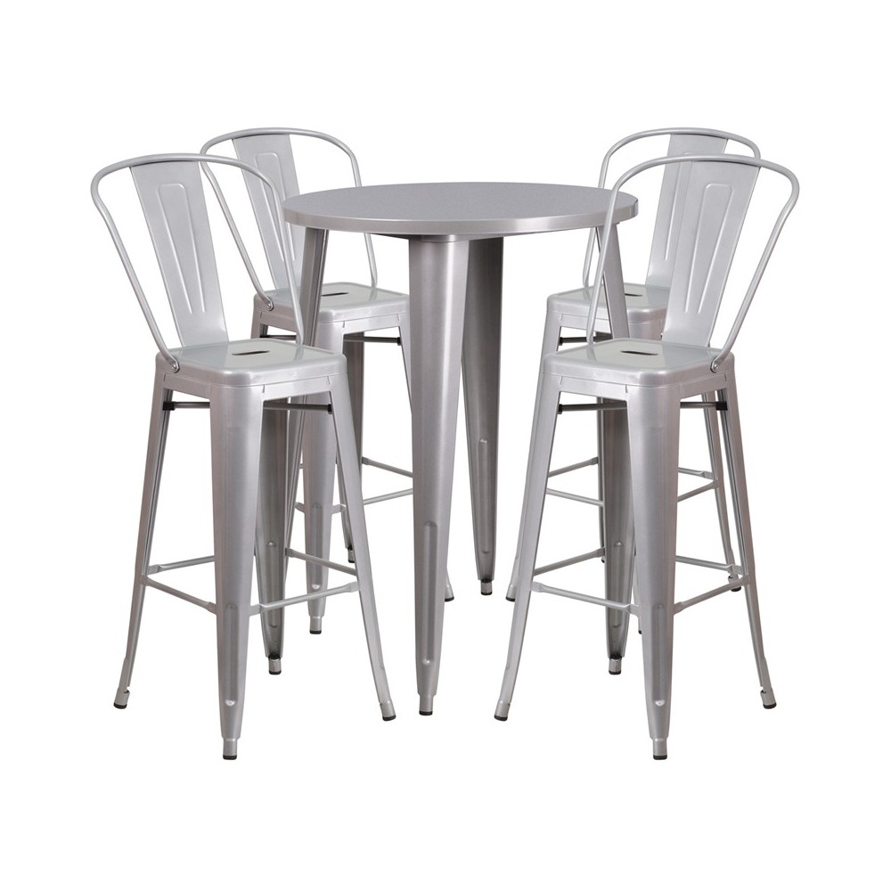 Commercial Grade 30" Round Silver Metal Indoor-Outdoor Bar Table Set with 4 Cafe Stools Commercial Grade 30" Round Silver Metal Indoor-Outdoor Bar Table Set with 4 Cafe Stools