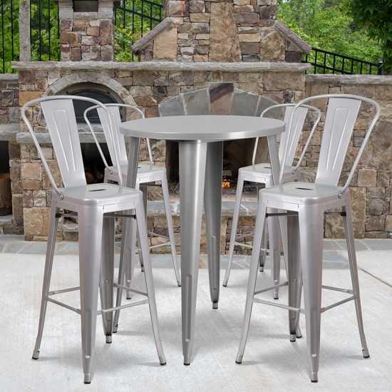 Commercial Grade 30" Round Silver Metal Indoor-Outdoor Bar Table Set with 4 Cafe Stools